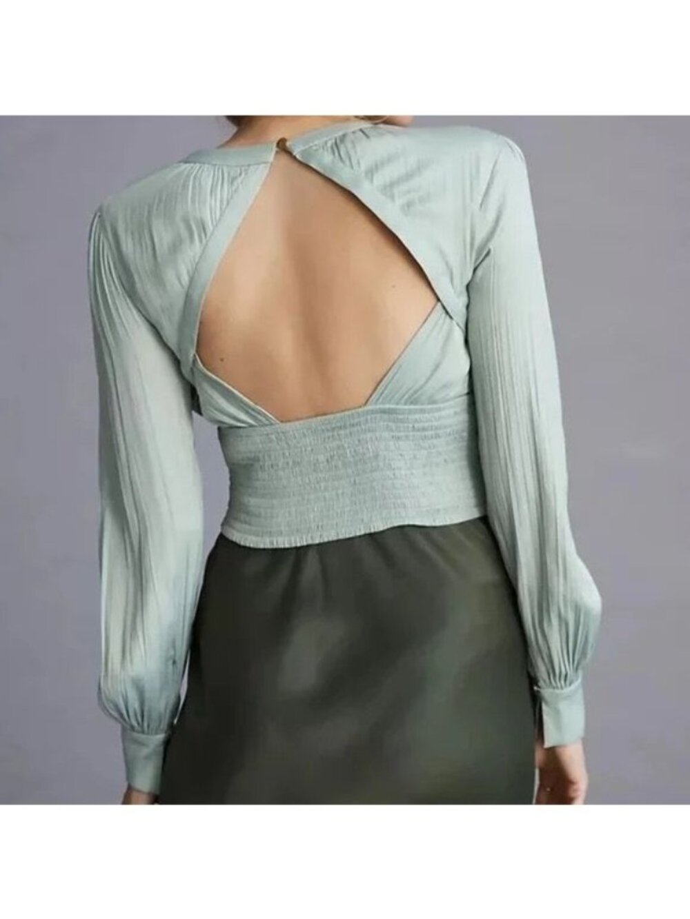 NWT Anthropologie Vintage Blouse S Open Back Shirred Light Green NEW